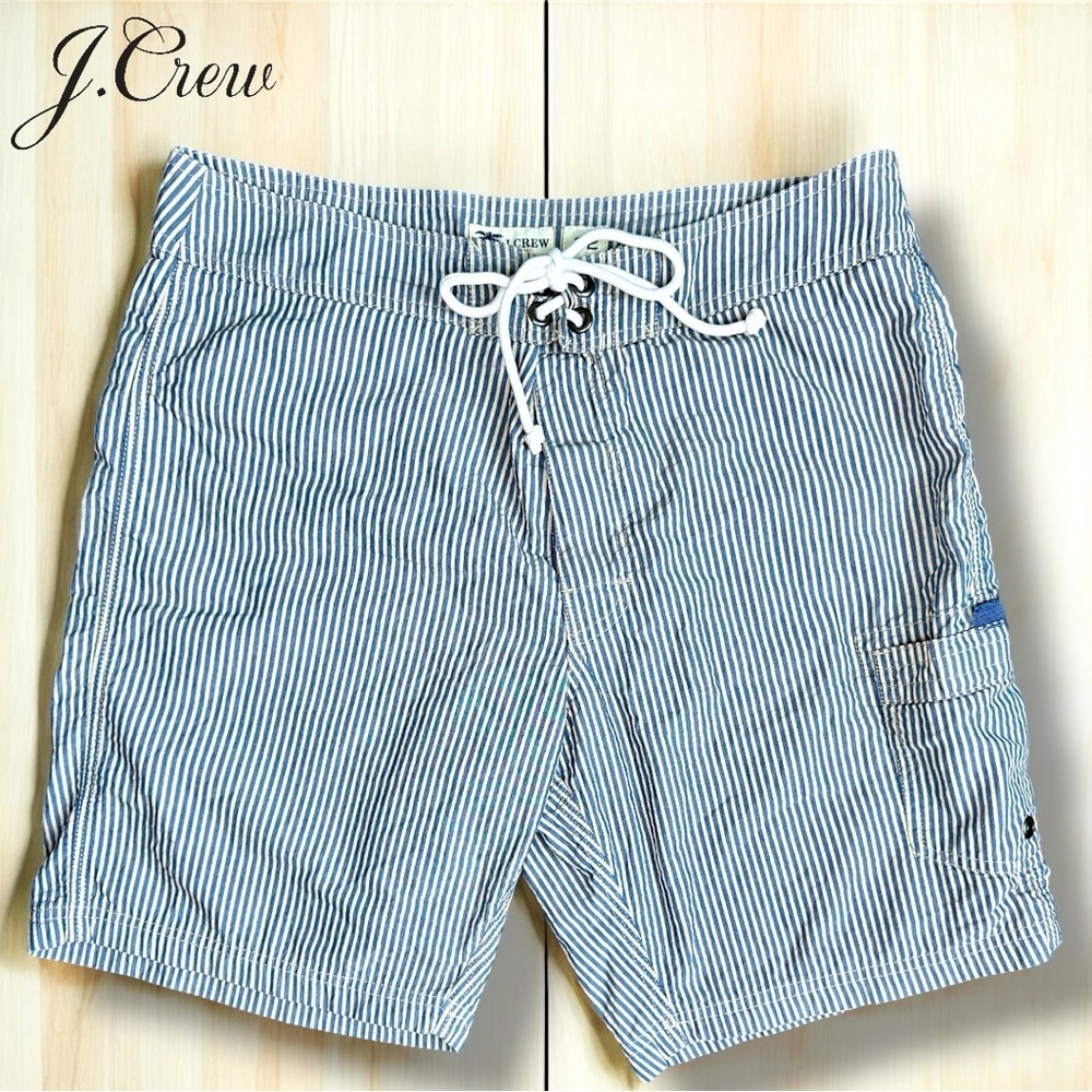 J. Crew Swimwear Seersucker Swim Trunks Blue & Cream Striped Board Shorts | 32
